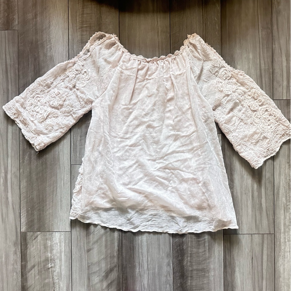 Belle France Silk Sequin Embroidered Cold Shoulder Blouse Pink S - Picture 2 of 7
